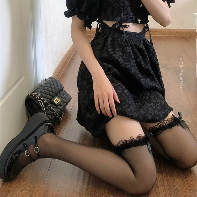 Bas Kawaii pour filles douces, style japonais Lolita, chaussettes hautes au genou pour femmes, bas sexy avec nœud en dentelle, chaussettes longues, bas de cuisse