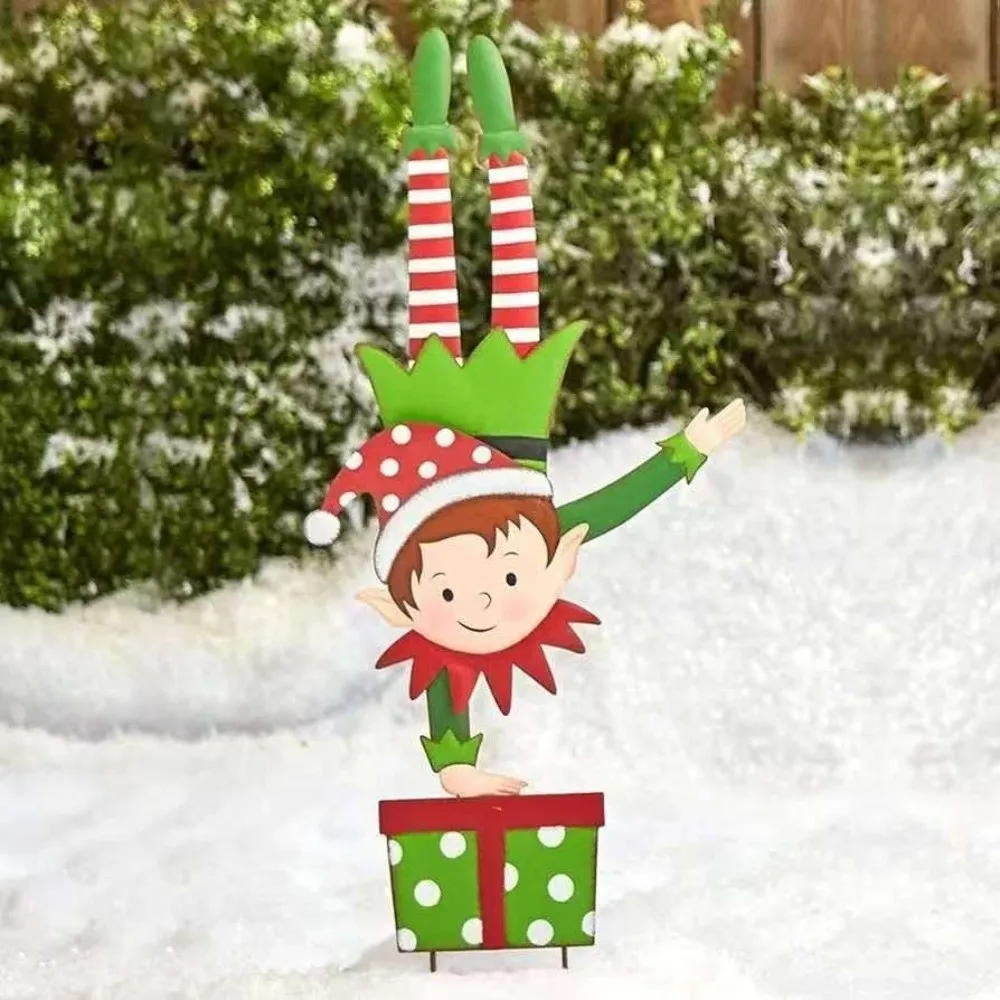 Iron Christmas Elf Garden Stake Weather Resistant Outdoor Yard Decorations Christmas Elf Figurine Rustproof Christmas Decoration