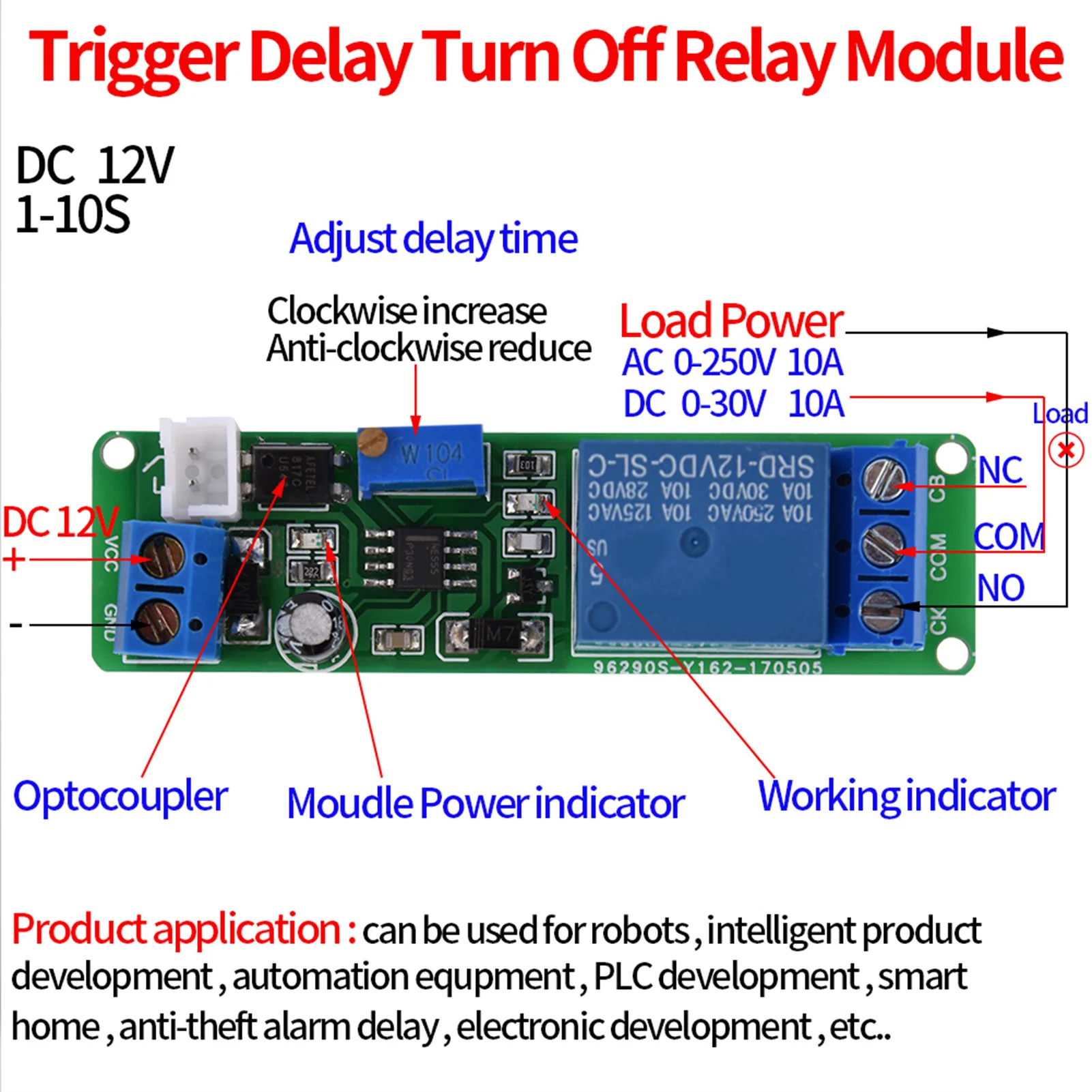 DC 12V Adjustable Timer Delay Turn OFF Module Timing Relay Time Switch 1~10sec 10A