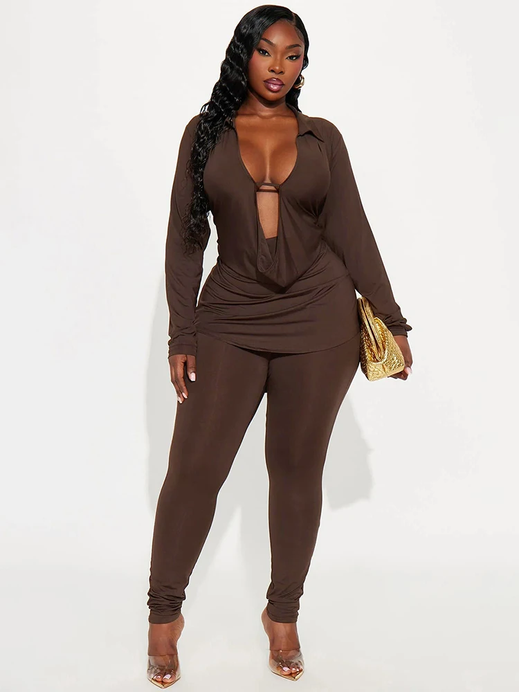 

Weird Puss, элегантный комплект из 2 предметов, женская футболка с откидным воротником и низкой грудью, неровный подол + брюки, сексуальные простые эластичные тонкие наряды