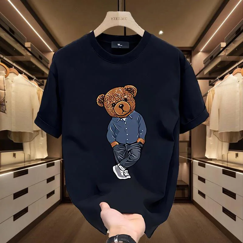 New Summer Fashion Bear Printed Men T-Shirts Beach Breathable Funny Clothing Oversize Casual Cotton Tops Mans Short Sleeve