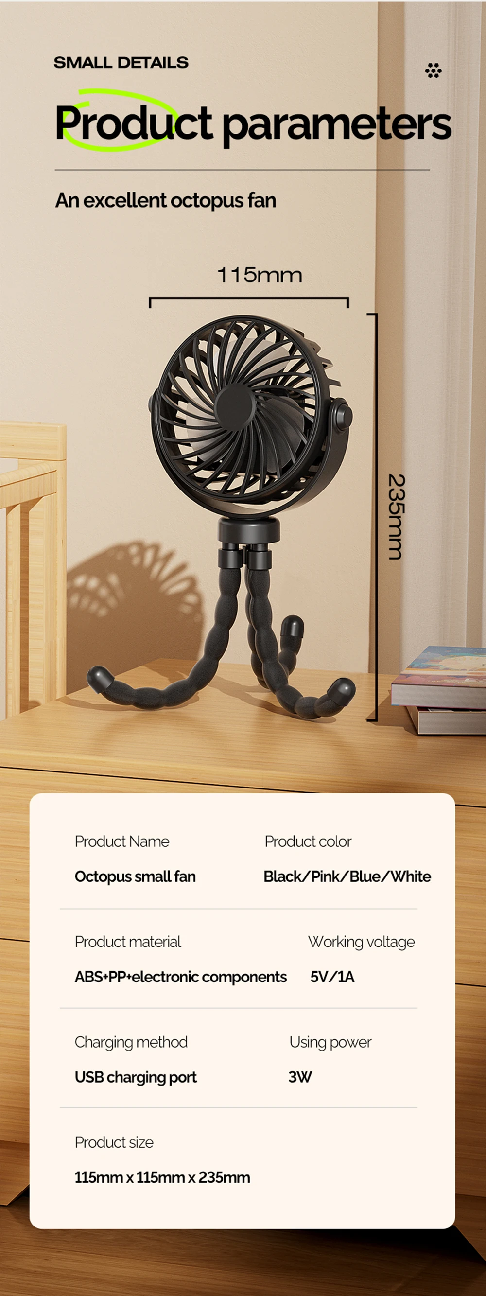 Mini Oszillierender Ventilator, Geräuschloser Oktopus-Ventilator, Flexibel Einstellbar, Handheld/Hängend/Umwickelbar/Stehend, Mini-Ventilator mit Licht, Kinderwagen-Ventilator – Detail 1