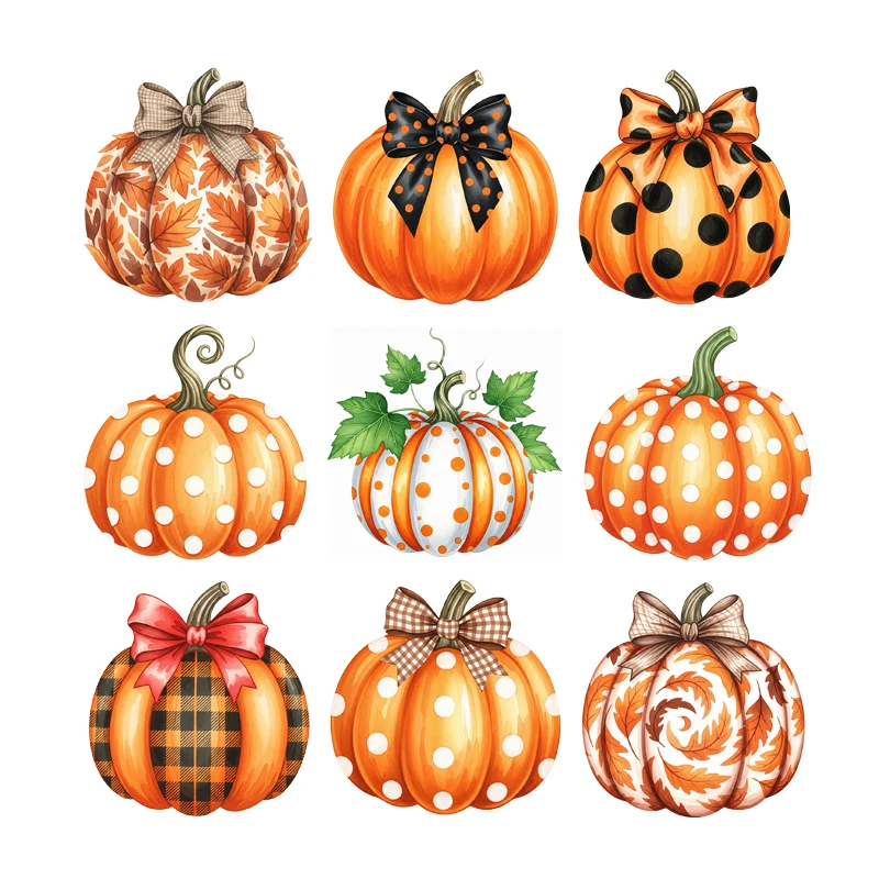 Halloween Spooky Season Pumpkin bow Heat Transfer Patch Sticke Iron-On Decals for Tshirts Sweatshirts Bags Clothing Fabric Decor