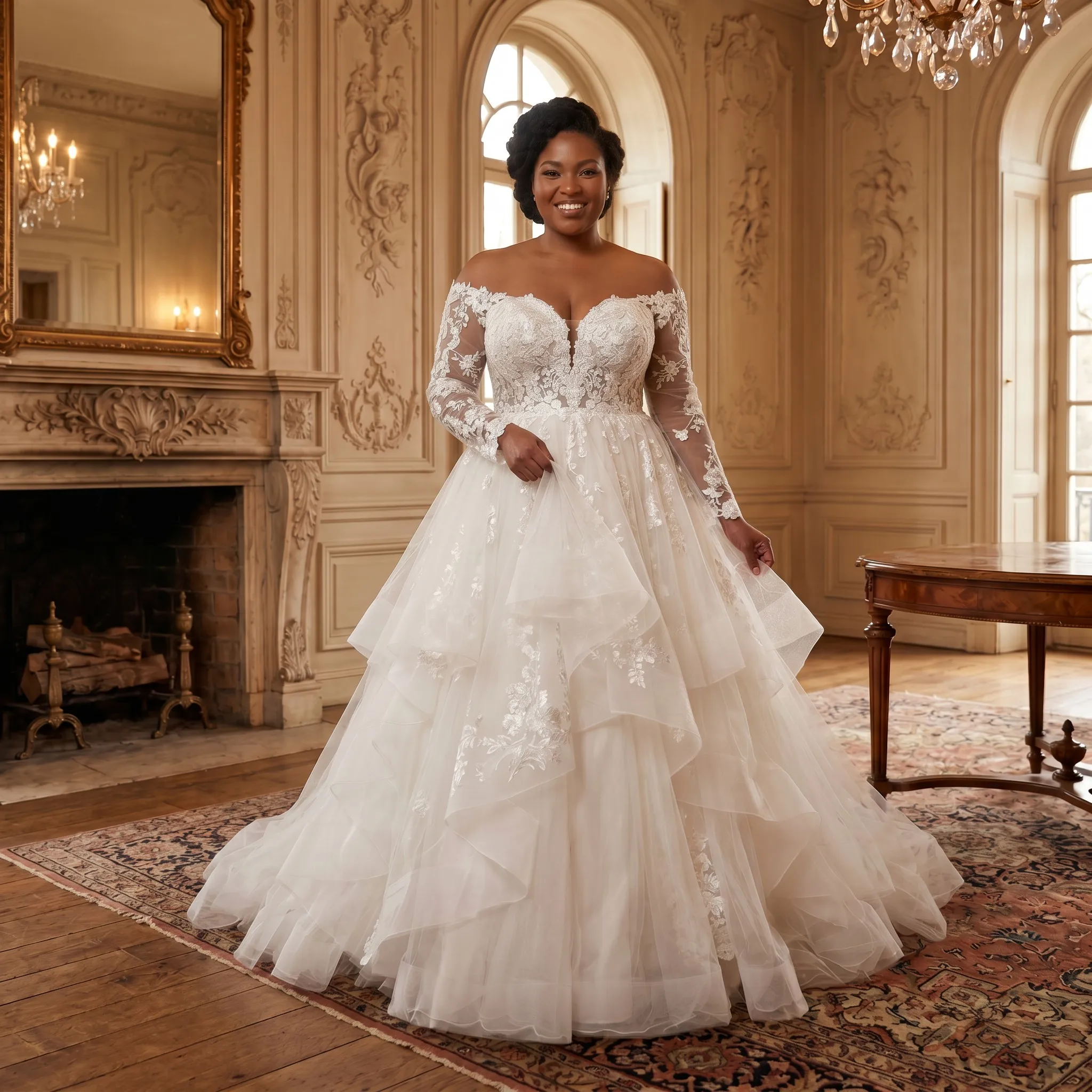 Plus Size Off Shoulder Long Sleeve Lace Wedding Dress Tiered Tulle Ball Gown Bridal Dress for Women 2025