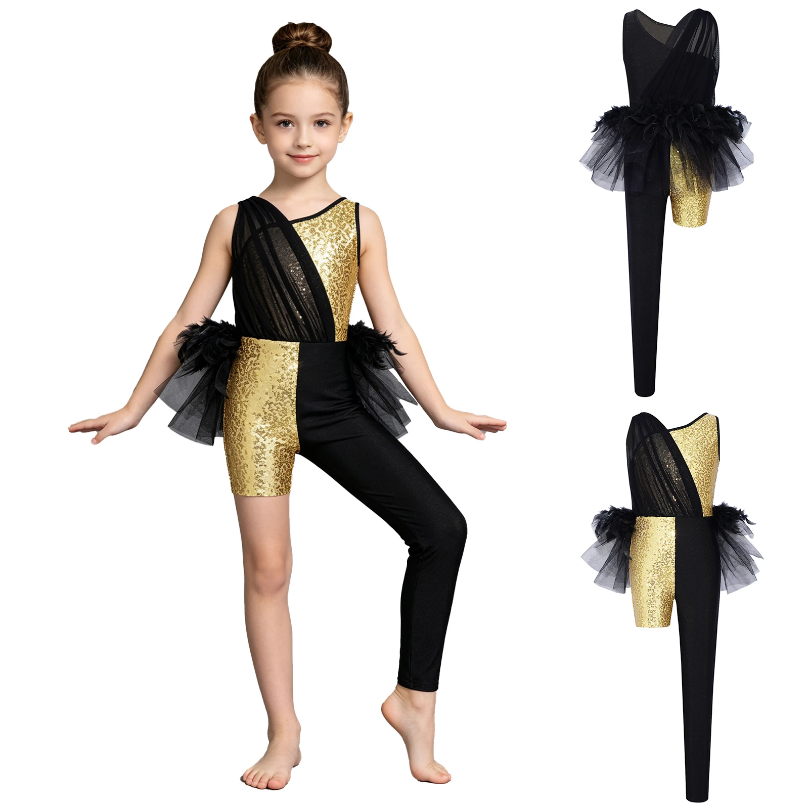 Kids Girls Shiny Sequins Mesh Feather Tulle Jazz Dance Jumpsuit Skating Gymnastics Acrobatics Ballet Skirted Bodysuit Dancewear