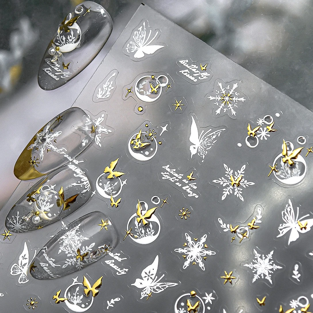 

Gold White Butterfly Snowflakes Pearl Rose Flowers Bowknot Chinese Style Lotus Star Wing Nail Art Stickers Manicure Tools Decals