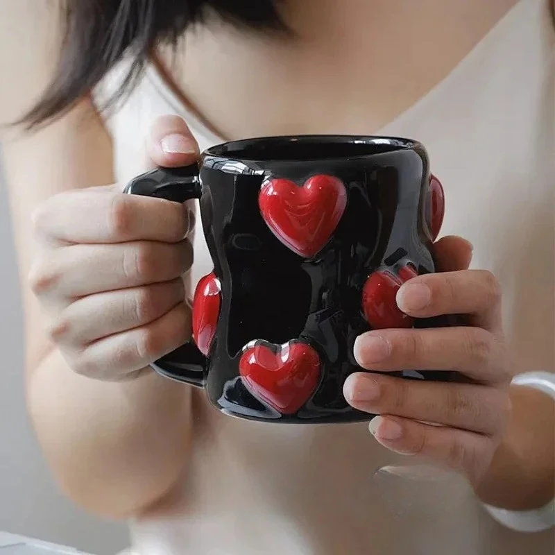 

3D Heart-shaped Design Vintage Ceramic Mug, Cute Large Capacity, 3D Embossed Coffee Cup, Kitchen Drinkware Set