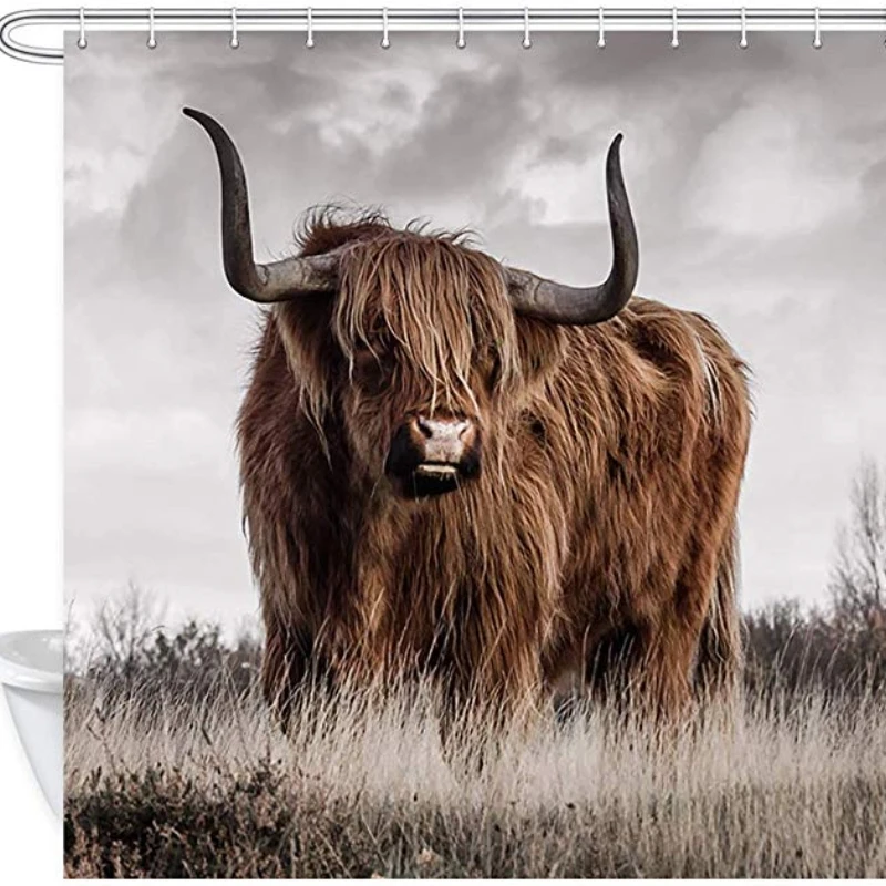 

Highland Cow Shower Curtain Rustic Bull Western Farmhouse Cattle Country Restroom Accessories Funny Farm Animal Bathroom Decor
