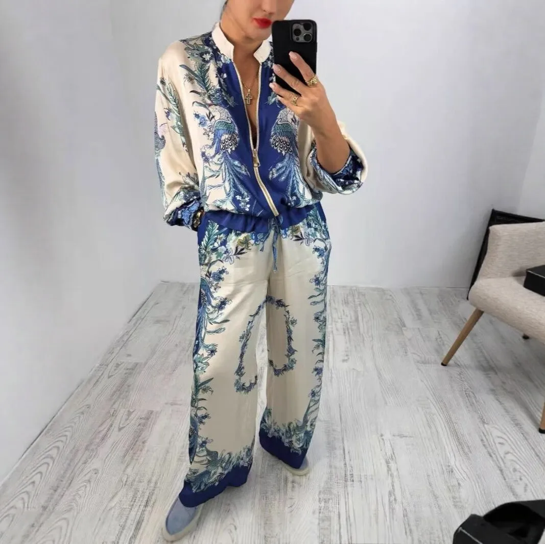 2026 Casual Womens 2 Piece Sets Loose Clothing Printed Patchwork Full Sleeve Blouses Women Wide Leg Pant Suits Женский Костюм