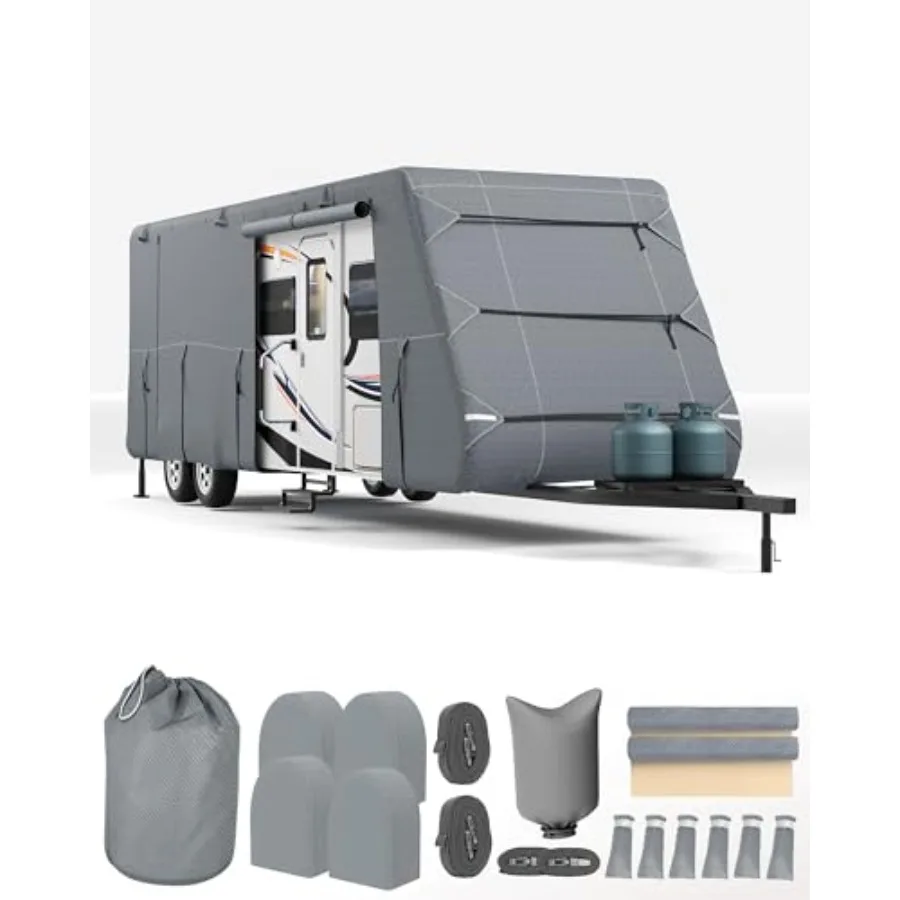 

Travel Trailer RV Cover for 27'-30' campers, extra-thick 7-layer polyethylene, gray, weatherproof with adhesive repair patches,
