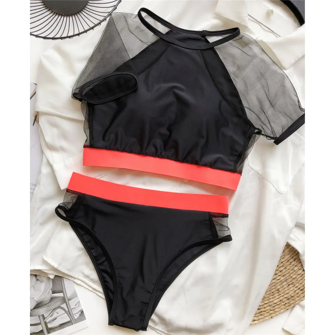 Kurzarm-Badeanzug mit Mesh-Einsätzen, Damen-Bikini mit hoher Taille, zweiteiliger Bikini-Set, Badebekleidung, Badeanzug, Modell V2871. – Detail 27