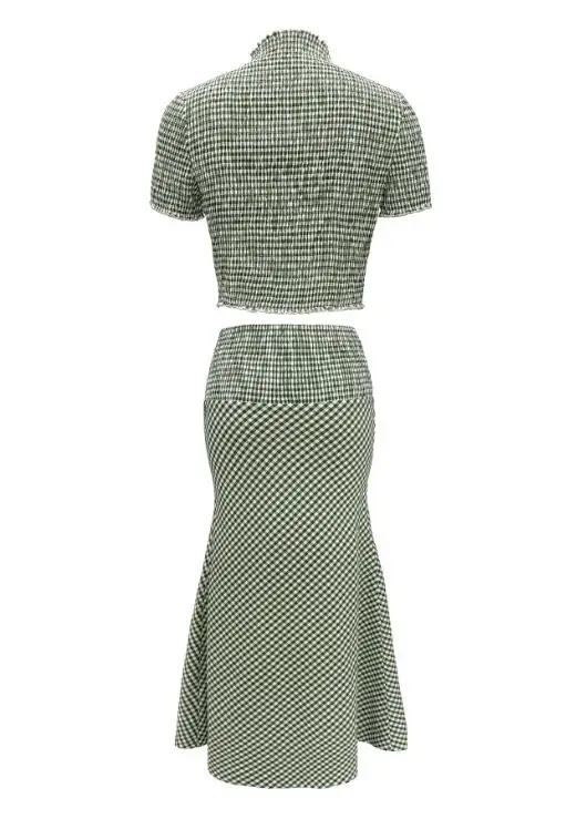 طقم نسائي صيفي كاجوال عالي الخصر على شكل حرف A مكون من قطعتين مع تصميم منقوش على شكل ورقة اللوتس بلوزة قصيرة متضمنة