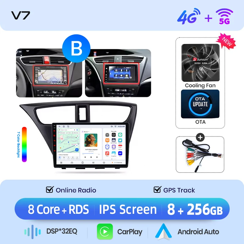 Junsun draadloze CarPlay Android Auto autoradio voor Honda Civic Mk9 (FK/FB) 2011-2017 met ingebouwde koelventilator, Android GPS navigatie, multimediaspeler, WiFi, DSP, RDS, BT, SWC, IPS touchscreen,