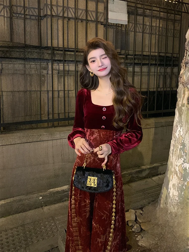 

Red Velvet Long Dr Women's Ele Evening Gown Parwear Chinese Sle Winter New Arrival Am Nana Midi Skirt by Amnanastudio