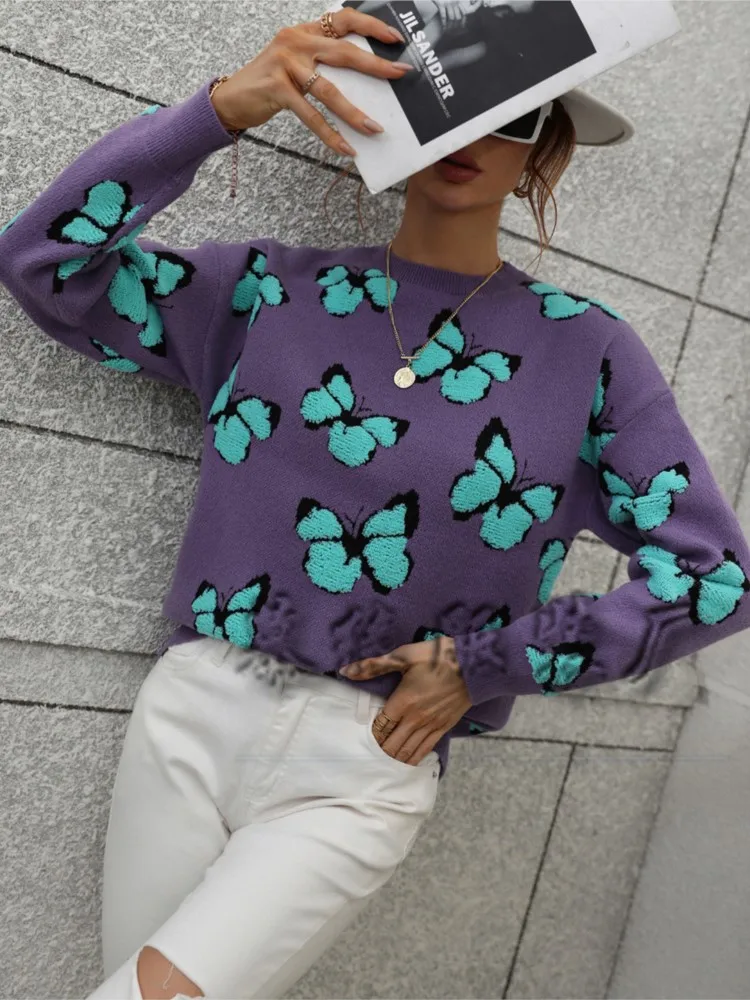 Autumn Winter Butterfly Knitted Sweater Women Fashion Temperament O Neck Long Sleeve Knitting Pullover Ladies Commuting Clothing