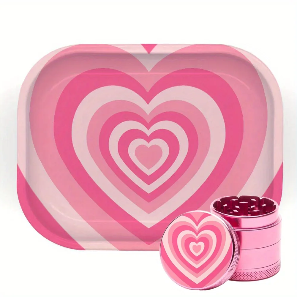 2 ชิ้น LOVE Heart เครื่องบดสมุนไพรถาดลูกกลิ้ง Combo Girly สีชมพูยาสูบชุด