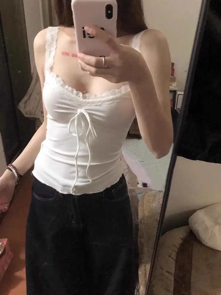 Top Cropped de Renda Branca Pura Feminino, Blusa de Verão com Laço Borboleta, Estilo Doce e Picante, Camisa para Uso Interno ...