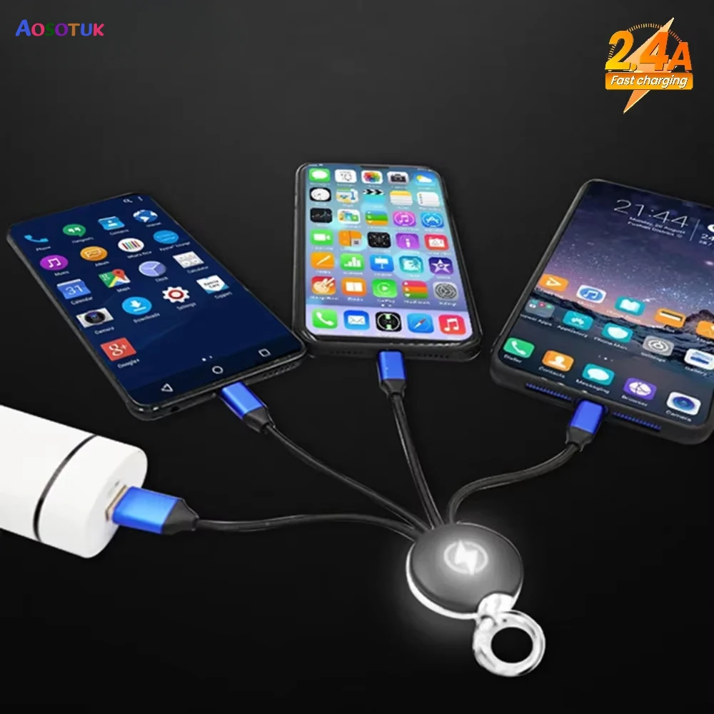 3 in 1 Short LED Keychain USB Charge Cable Micro USB Type C Lighting Cable For iPhone Samsung Huawei Xiaomi Android Phone Cable