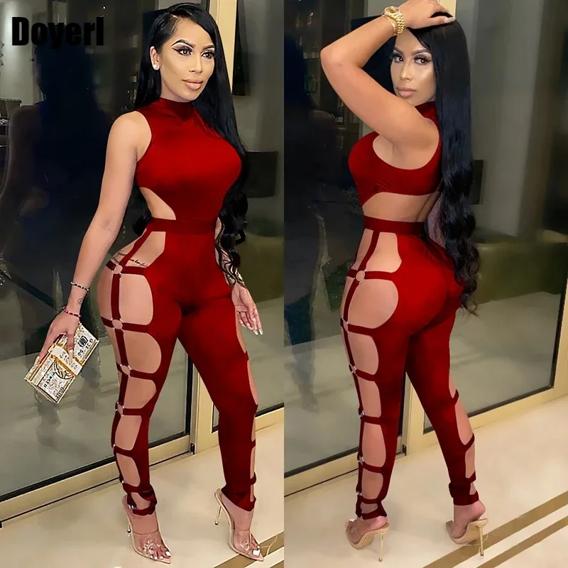 Sexy Black Bodycon Jumpsuit Romper Women Overalls Backless Hollow Out Club Night Outfits Elegant Rompers Womens Jumpsuit Catsuit