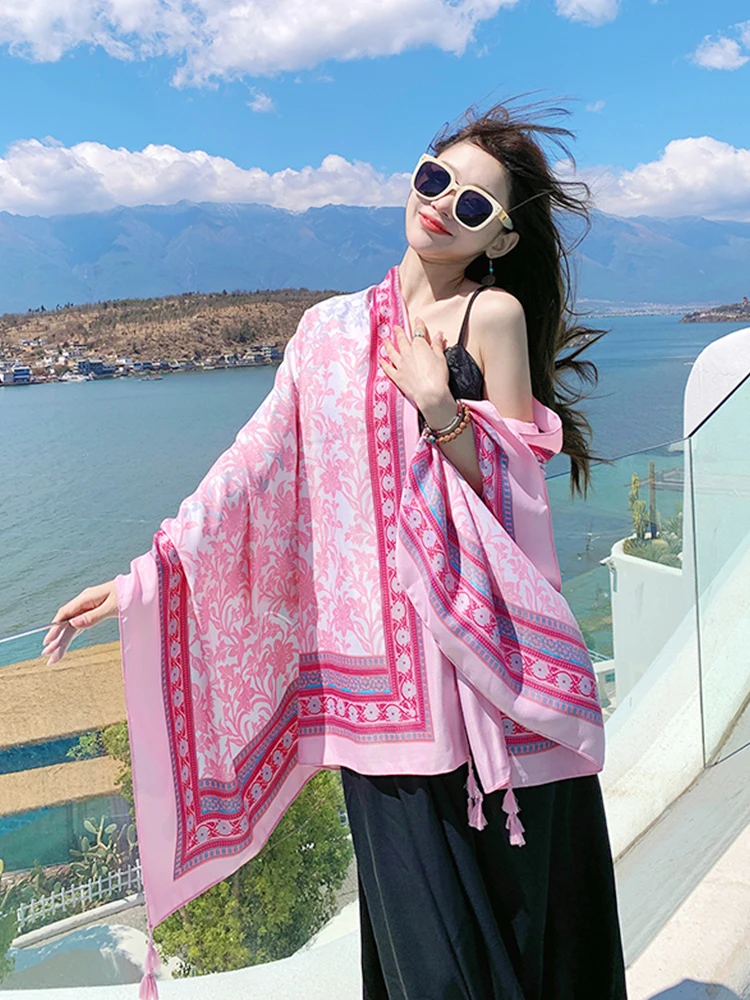 Summer Elegant Women Silk Scarf Beach Wrap Shawls Sweet Pink Floral Print Lady Sunscreen Bandana Hijab Mujer Boho Scarve Pareo