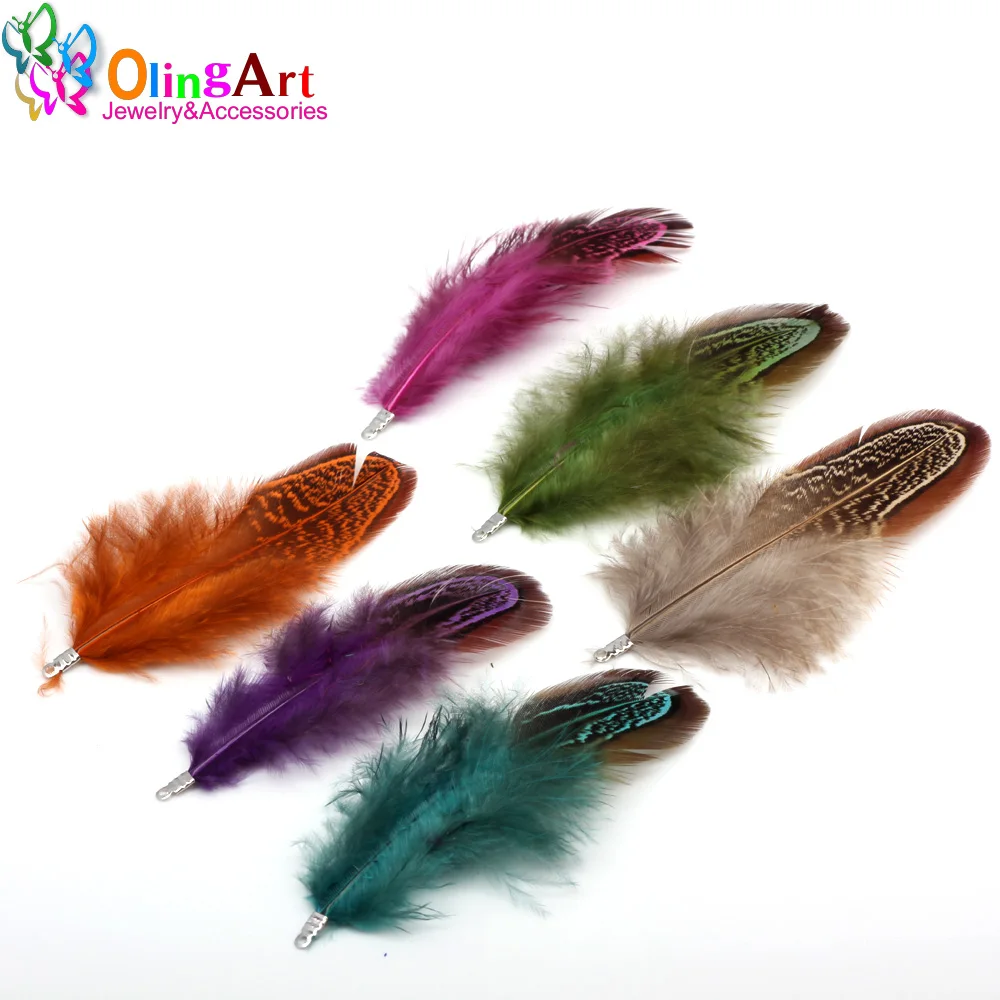 OlingArt Colorful Dyeing Natural Feathers Tassel 12pcs Women Earrings Bracelet Choker DIY Jewelry Making  Keychain Pendants view 3