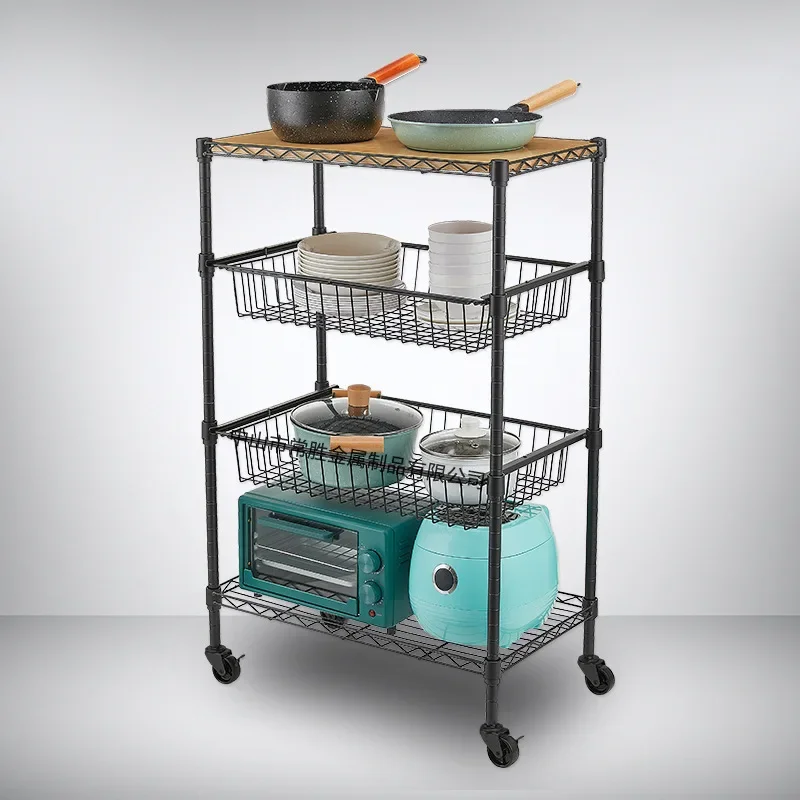 Guangdong source manufacturer multi-layer movable painted carbon steel wire mesh kitchen rack with wooden board basket kitchen