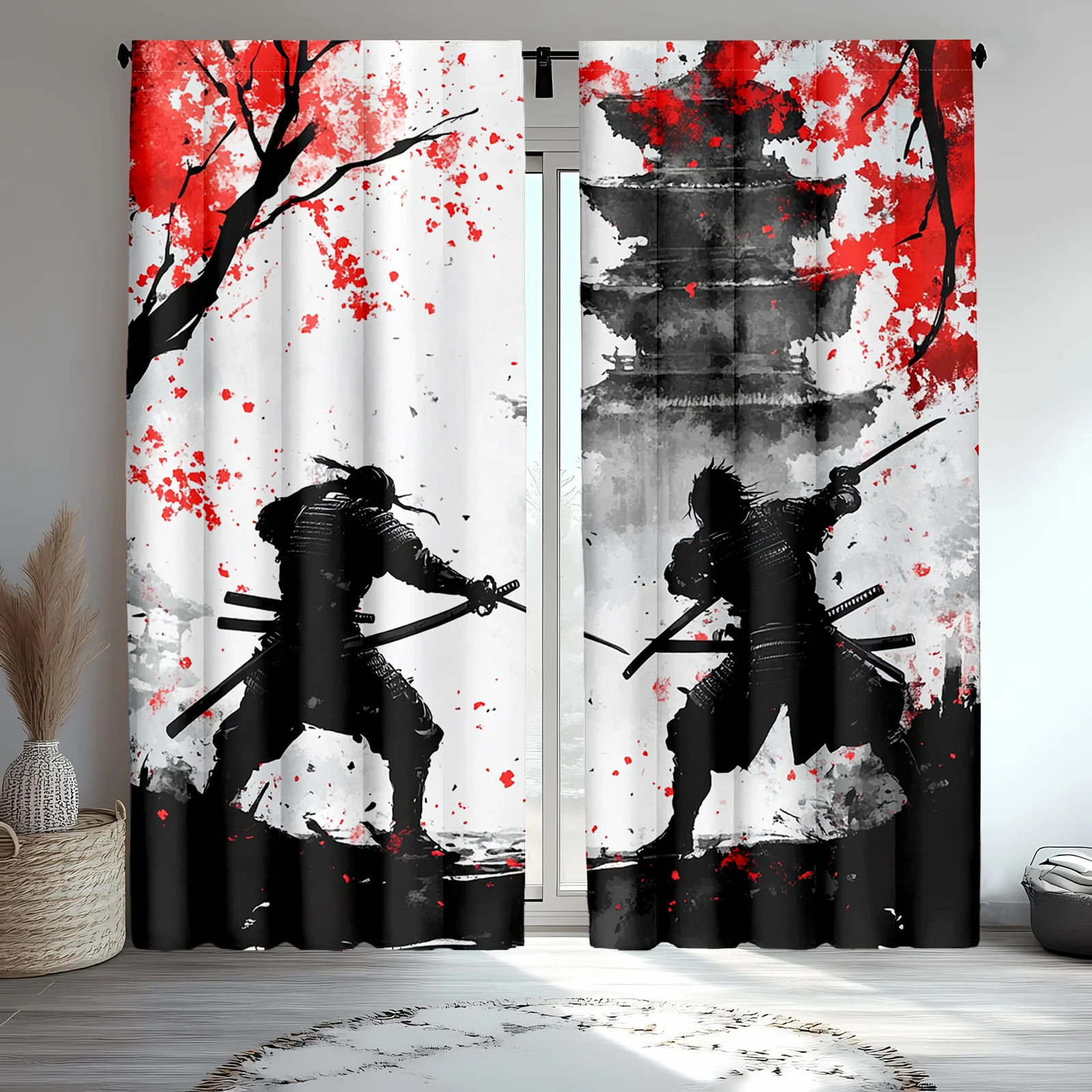 Oriental Warrior Curtain 2 Panels, Ink Wash Samurai Cherry Pagoda Print, Curtains for Tea Room Vintage Asian Decor Curtain