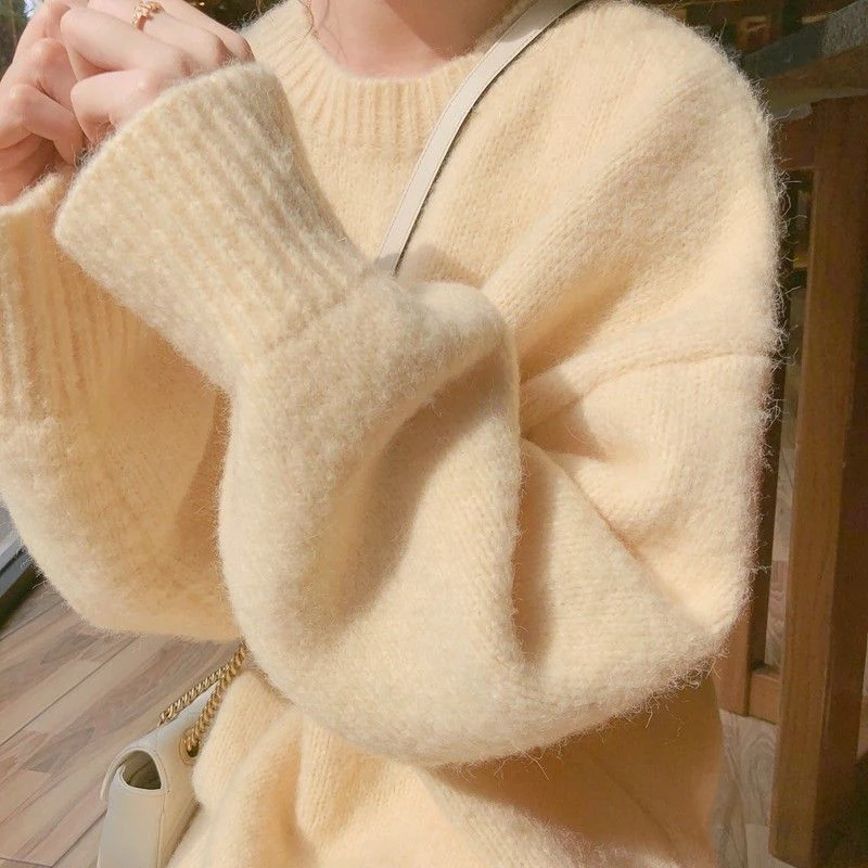 O-Neck Solid Sweater Women Sweet Basic Loose Lazy Soft Knitted Pullover Korean Fashion Casual Fall Winter Pretty Style Jumpers