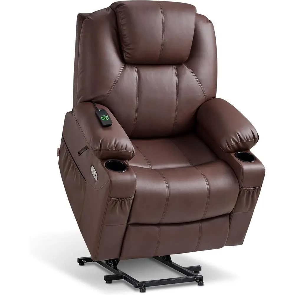 

Massage and Heat Recliner Chair with 3 Positions, Side Pockets, Cup Holders, USB Ports, and AUX, Leather, Light Brown, Medium Si