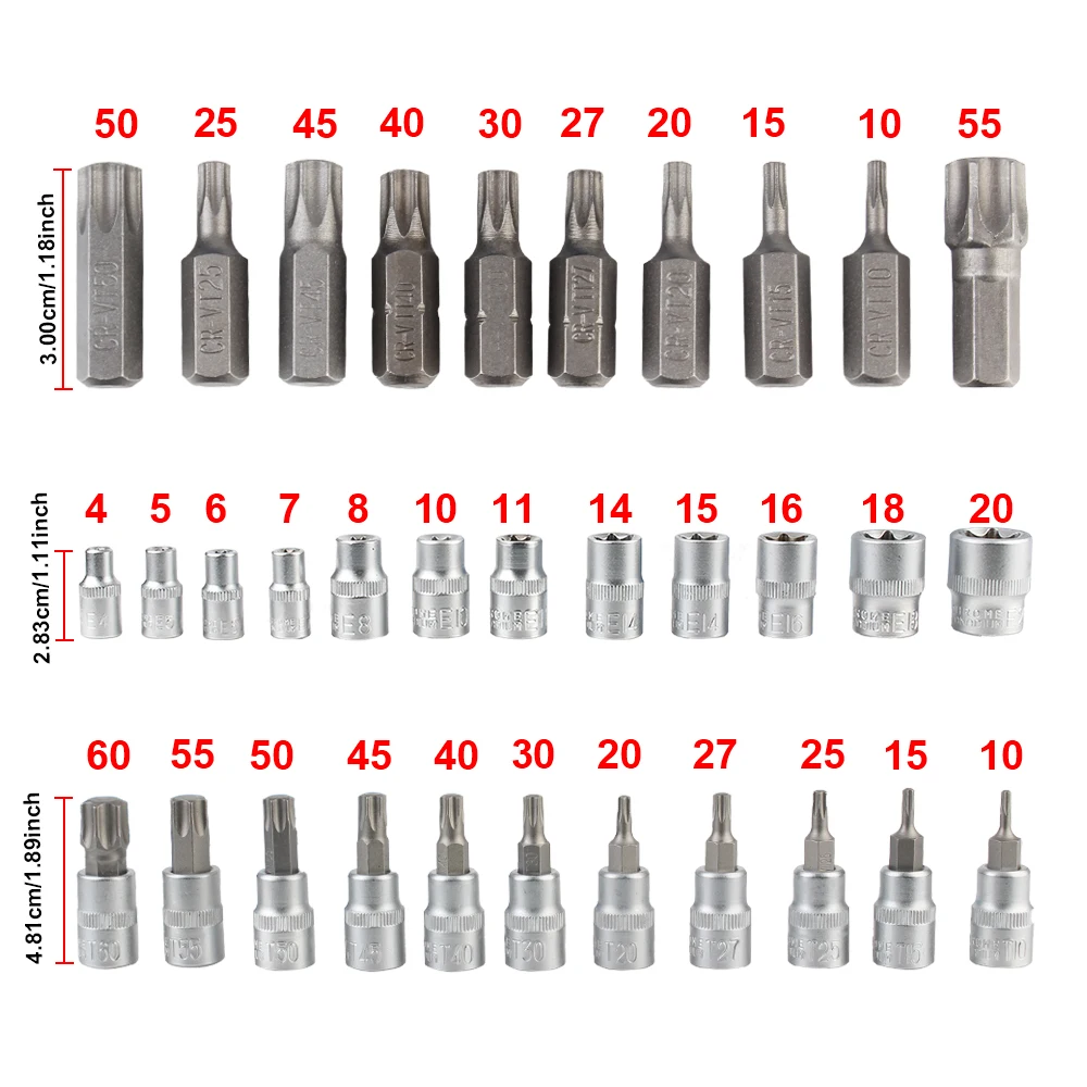 Pressure Batch Sleeve Set Professional Torx Star Socket Hexagon Wrench Set Car Repair Hand Tools 34Pcs/set Chrome Vanadium steel