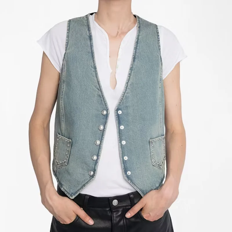 

V-Neck Denim Vest Women Rivet Pocket Tank Metal Button Summer Top Zadig Female Vests Cotton Sleeveless Blue Tanks Industry Style