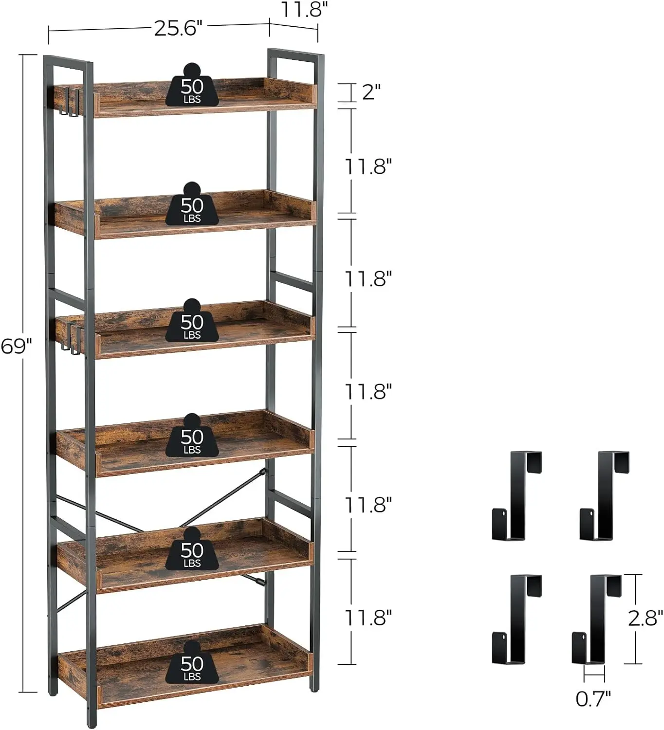 Rolanstar Bookshelf 6 Tier with 4 Hooks, Industrial Bookcase, Vintage Storage Rack with Open Shelves, Rustic Standing