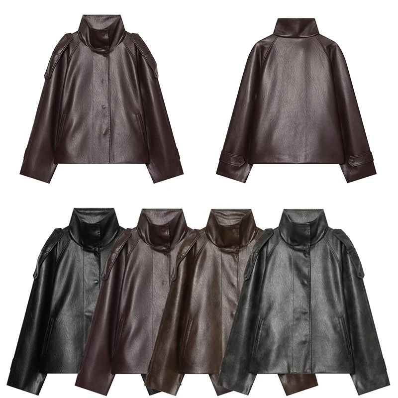 Guobioziy Women's Slim Fit Faux Leather Jacket 2026 Spring-Autumn New Style European-American Casual Fashion Retro Street Style