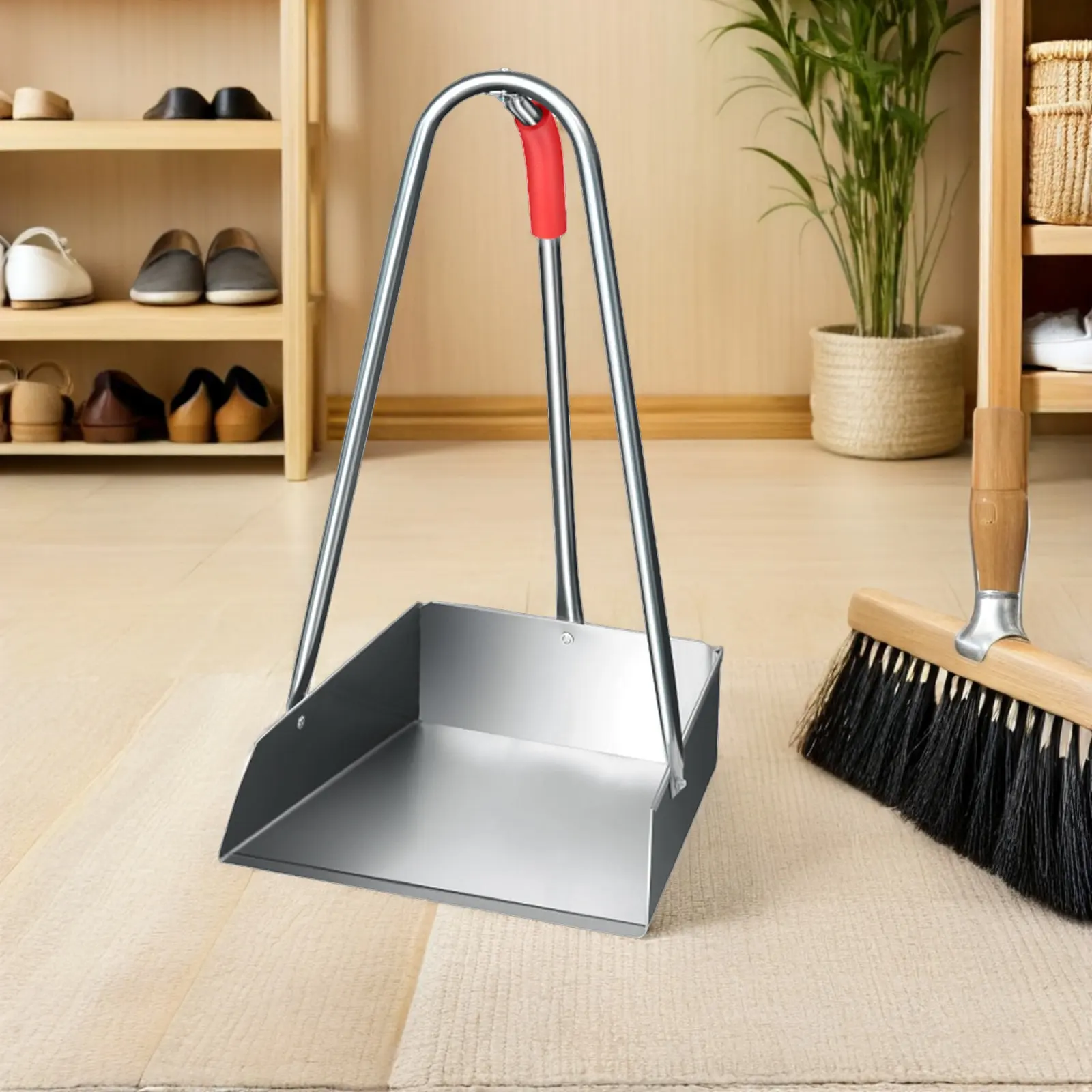 

Metal Dust Pan with Long Handle Heavy Duty Standing Design for Indoor Outdoor Use Stainless Steel Cleaning Tool for Kitchen