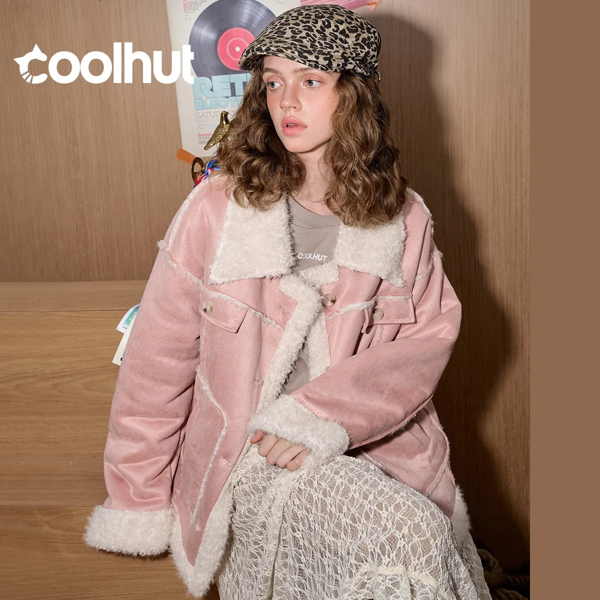 

COOLHUT 2025 Plush Fleece Motorcycle Jacket Women's Coat Thickened Winter Outerwear Retro Chic Designer Cropped Biker Streetwear