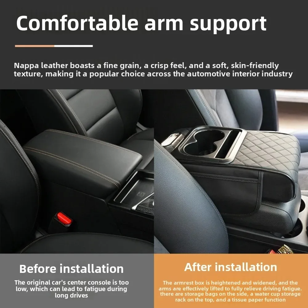 Car Armrest Box Pad Heighten Center Console Arm Rest Cover With Cup Holder Storage Bag Tissue Pocket Elbow Support Cushion