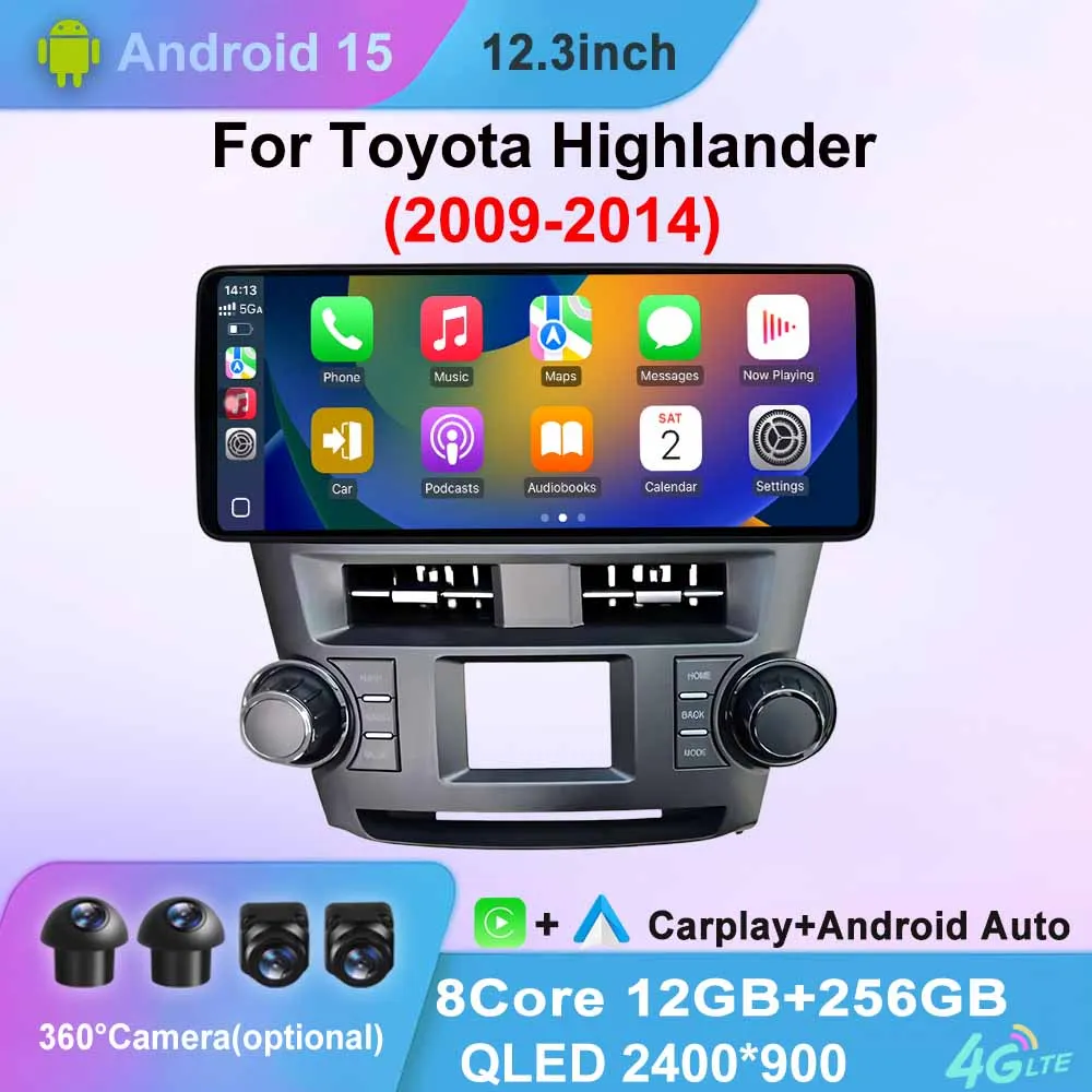 

12.3" Android15 CarPlay GPS Navigation 4G WiFi Multimedia Player Bluetooth DSP Car Radio for Toyota Highlander 2009-2014