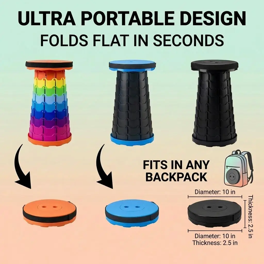 

Ultra-Portable Collapsible Stool, Sets Up in Seconds, Rainbow Option, Lightweight & Durable for Camping, Travel & Outdoors.