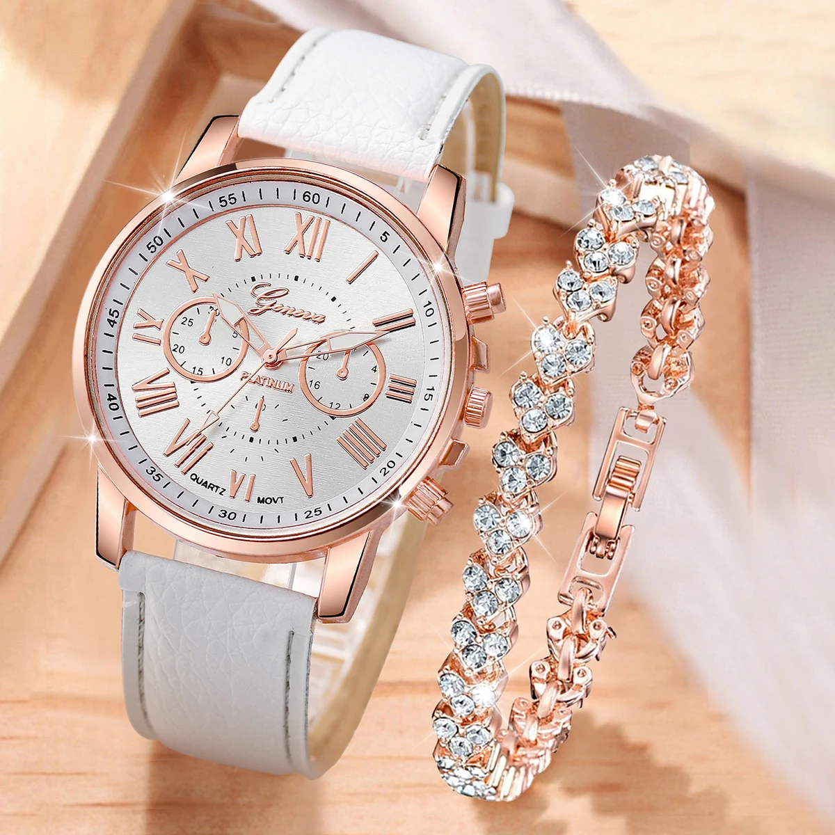 2PCS/Set Geneva Watch Fashion Women Leather Band Quartz Watch Rhinestone Bracelet Set