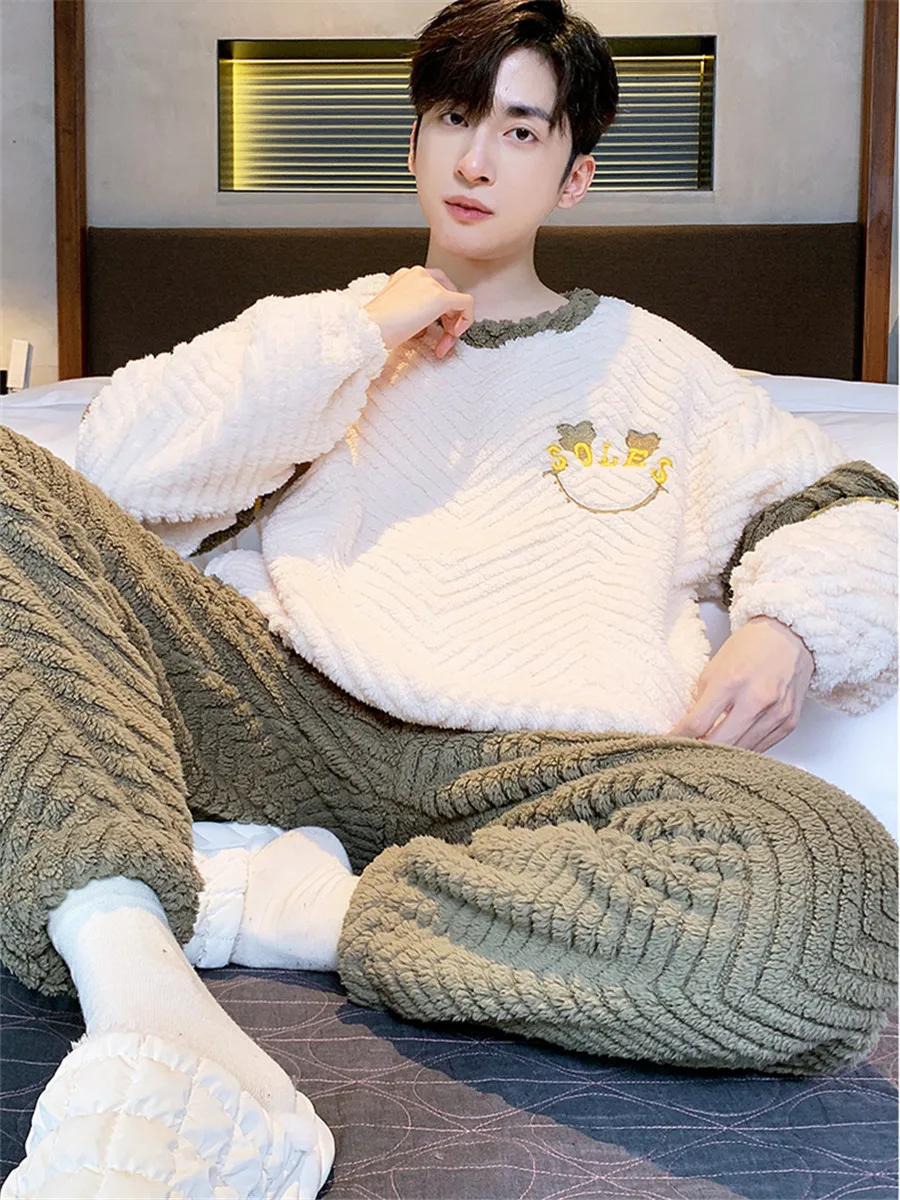 2024 New Men\'s Autumn Winter Warm Pajamas Set Coral Fleece Pullover + Long Pants 2Pcs Sleepwear for Sleeping Men Green Homewear