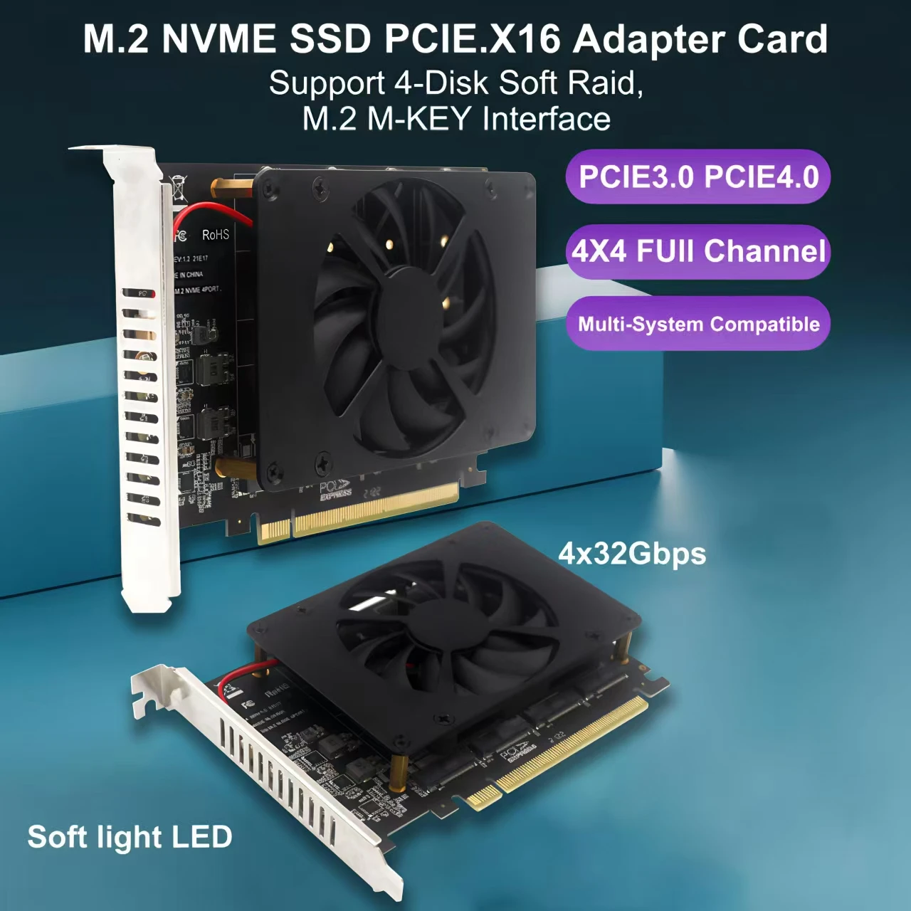 

M.2 NVME SSD PCIE X16 Expansion Card Quad-Device Solid-State SSD Hard Drive M.2 Adapter Card Supports 2230 2242 2260 2260 2280