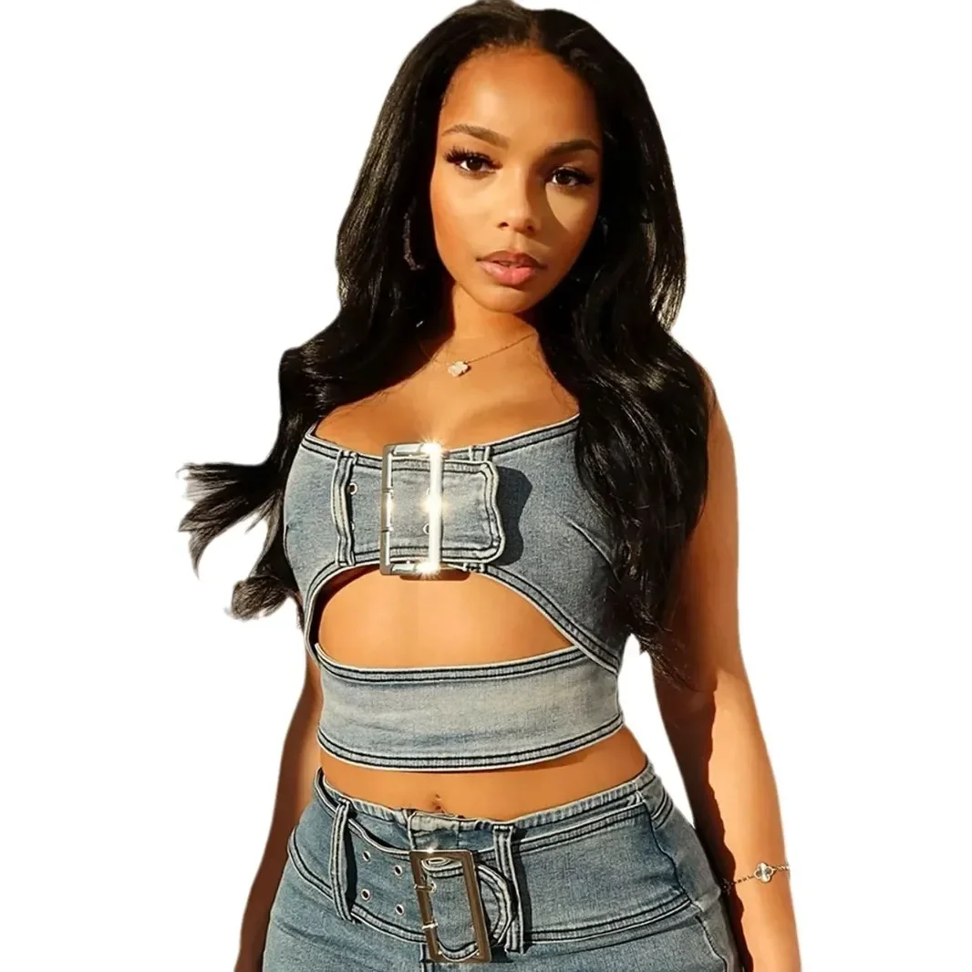 Two Piece Set Women Sexy Ensemble Adjustable Buckle Elastic Halter Short Top Package Hip Skirt Casual Denim Suit Skirts Outfits