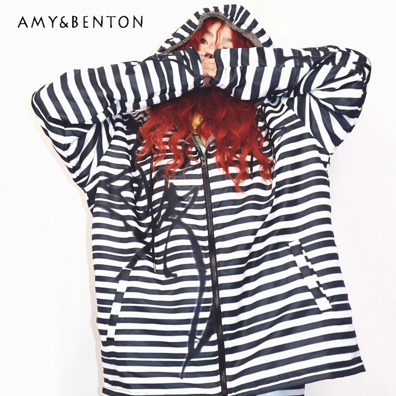 

Original American Retro Design Loose Dark Women's Cotton Autumn Winter Black Striped Versatile Hooded Sweatshirt Coat Ladies