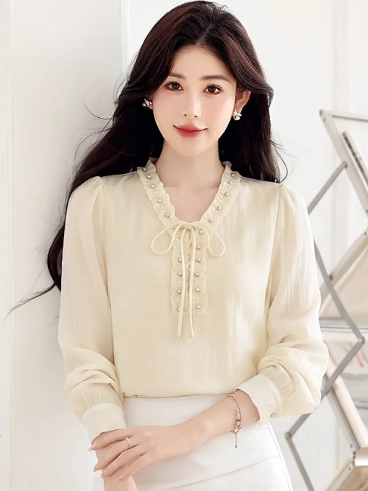 Elegant Slimming V-Neck Long Sleeve Pure Color Hooded Top Women's Autumn Fashion Trend  Knot Polyester Fiber Shirt S...