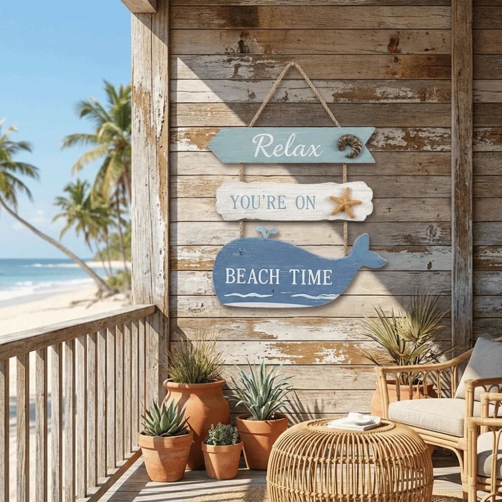 Marine Style Wooden Wall Hanging Flip Flop Shape Farmhouse Door Sign Ocean Theme Artistic Design Wall Hanging Pendant