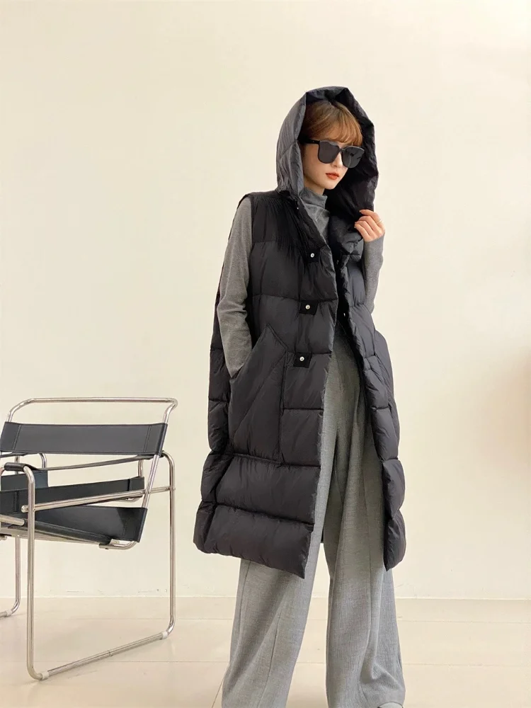 Hooded Waistcoat Classy Down Vest Thick Windproof Warm Outerwears Korean Fashion Sleeveless Women Jacket Long Vest Coats Down