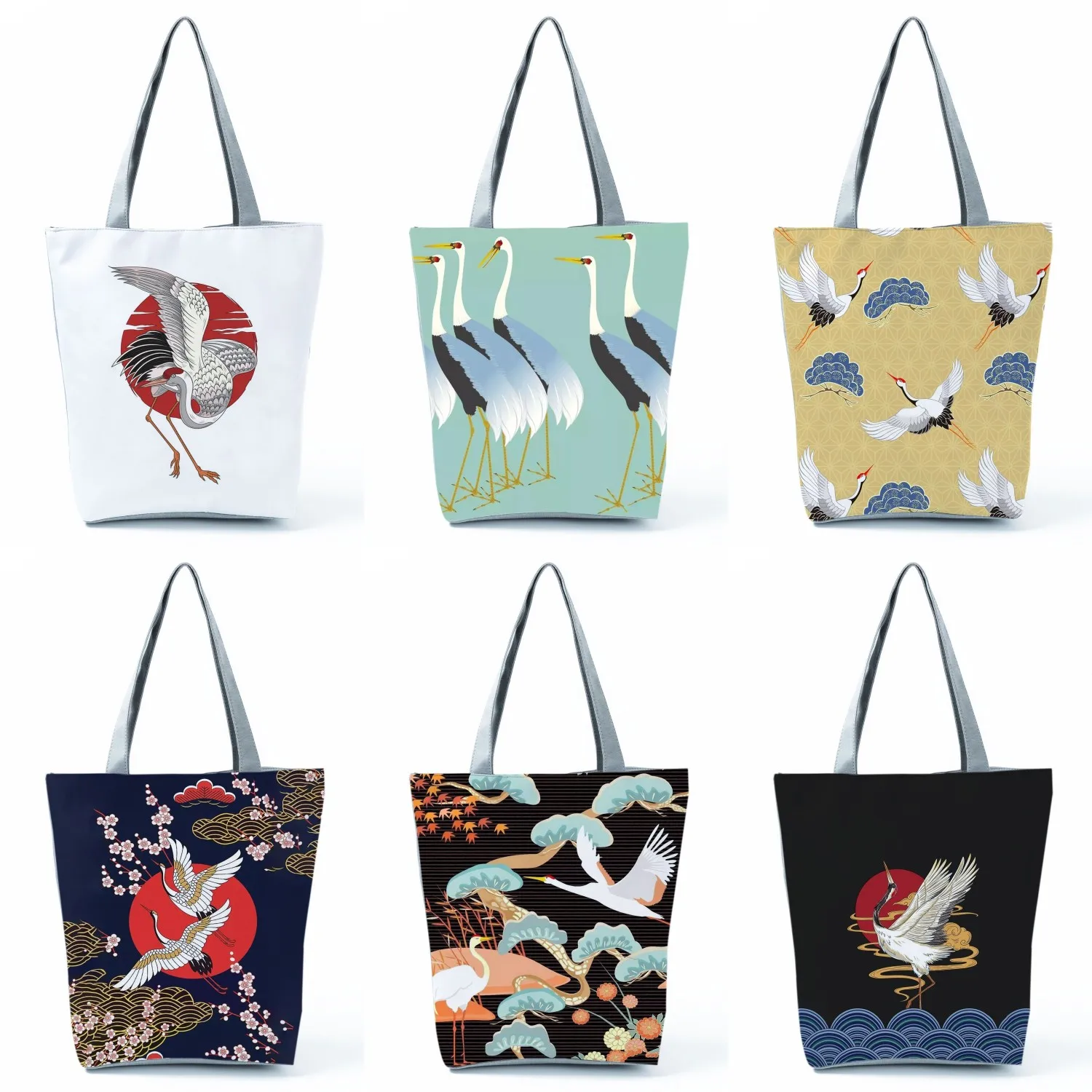 

Casual Cartoon Animal Handbags Japan Ukiyoe Women Shoulder Bag Foldable Art Crane Print Tote Reusable Beach Travel Shopping Bags