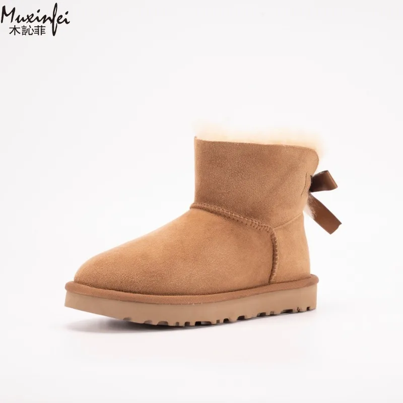 Silk Ribbon Bow Snow Boots for Women Sheep Fur Integrated Short Tube with Thick and Warm Genuine Leather Boots