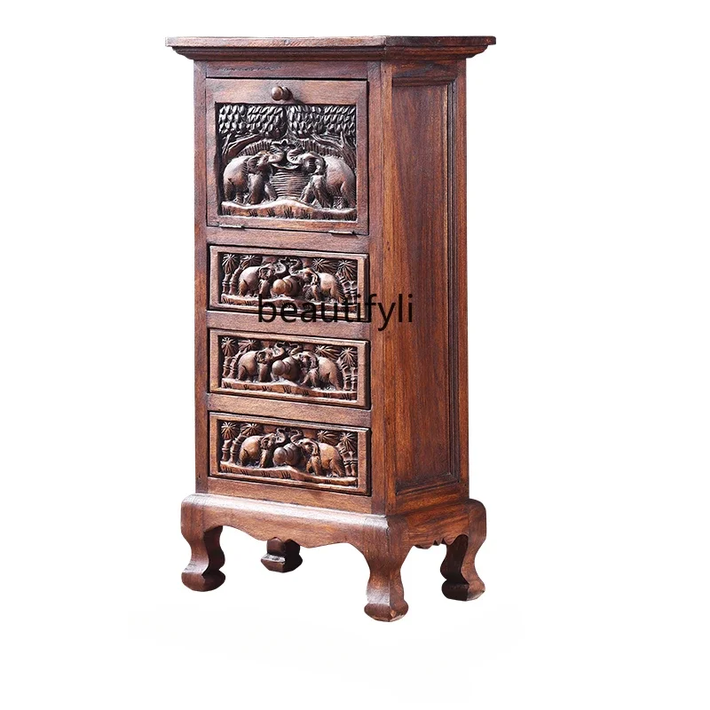 Embossed Elephant Storage Locker Four-Bucket Cabinet Southeast Asia Solid Wood Collection Chest of Drawer