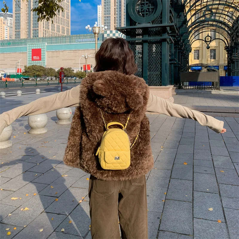 قصيرة مقنعين فو فرو الضأن سترة بلا أكمام الصلبة أفخم معطف أنيق فضفاض المرأة فروي السترات شتاء جديد دافئ رقيق بالأزرار #3